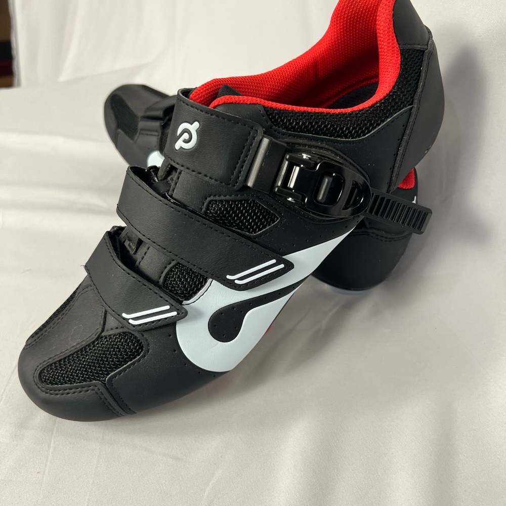 Peloton Black White Cycling Shoes with Red Cleat Accent